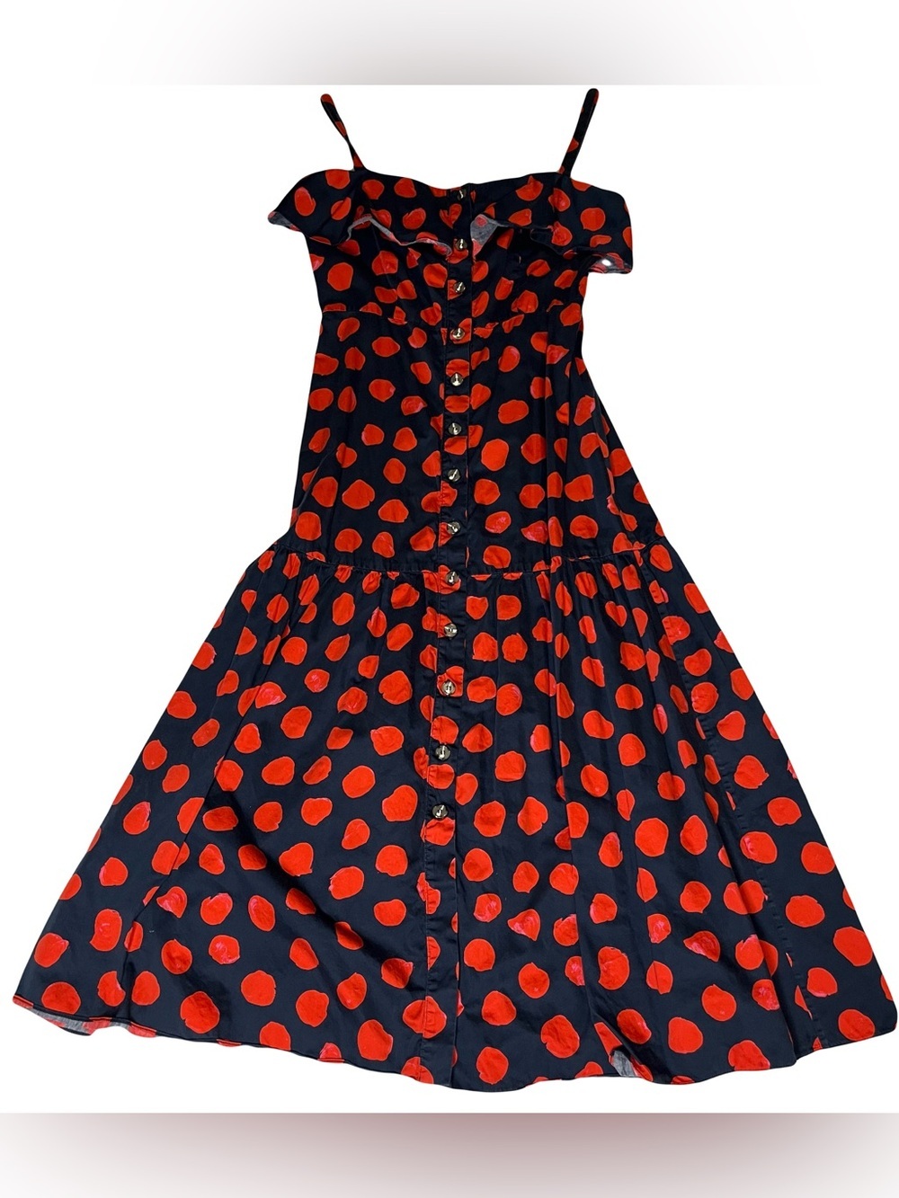 Borgo De Nor Navy Red Polka Dot Midi Dress Ruffle Button Front French Girl